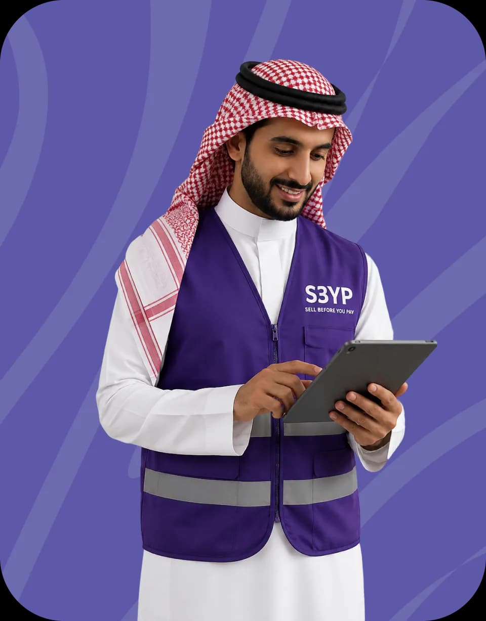 تاجر يراجع المخزون على جهاز لوحي في المستودع